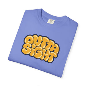 Flo Blue periwinkle garment-dyed graphic tee with Outta Sight in puffy golden bubble letters, cream highlights and a navy outline, folded
