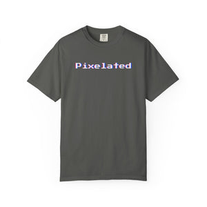 Front view of a Pepper grey garment-dyed tee printed with a pixelated 8-bit wordmark edged in red-and-blue chromatic glitch fringe.