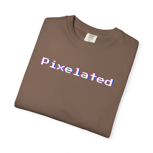Folded flat-lay of the Espresso brown pixelated glitch tee showing the 8-bit wordmark and soft garment-dyed cotton texture.
