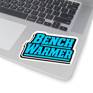 Bench Warmer kiss-cut sticker styled on wrapped gift box — bold neon blue retro graphic sticker for sports fans and athletes