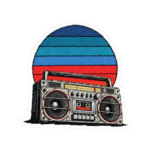 Retro boombox sticker with a striped blue and red sunset backdrop, 3 by 3 inch kiss-cut glossy vinyl
