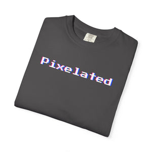 Folded flat-lay of the Graphite pixelated 8-bit graphic tee showing chromatic red-and-blue fringe on heavyweight cotton.
