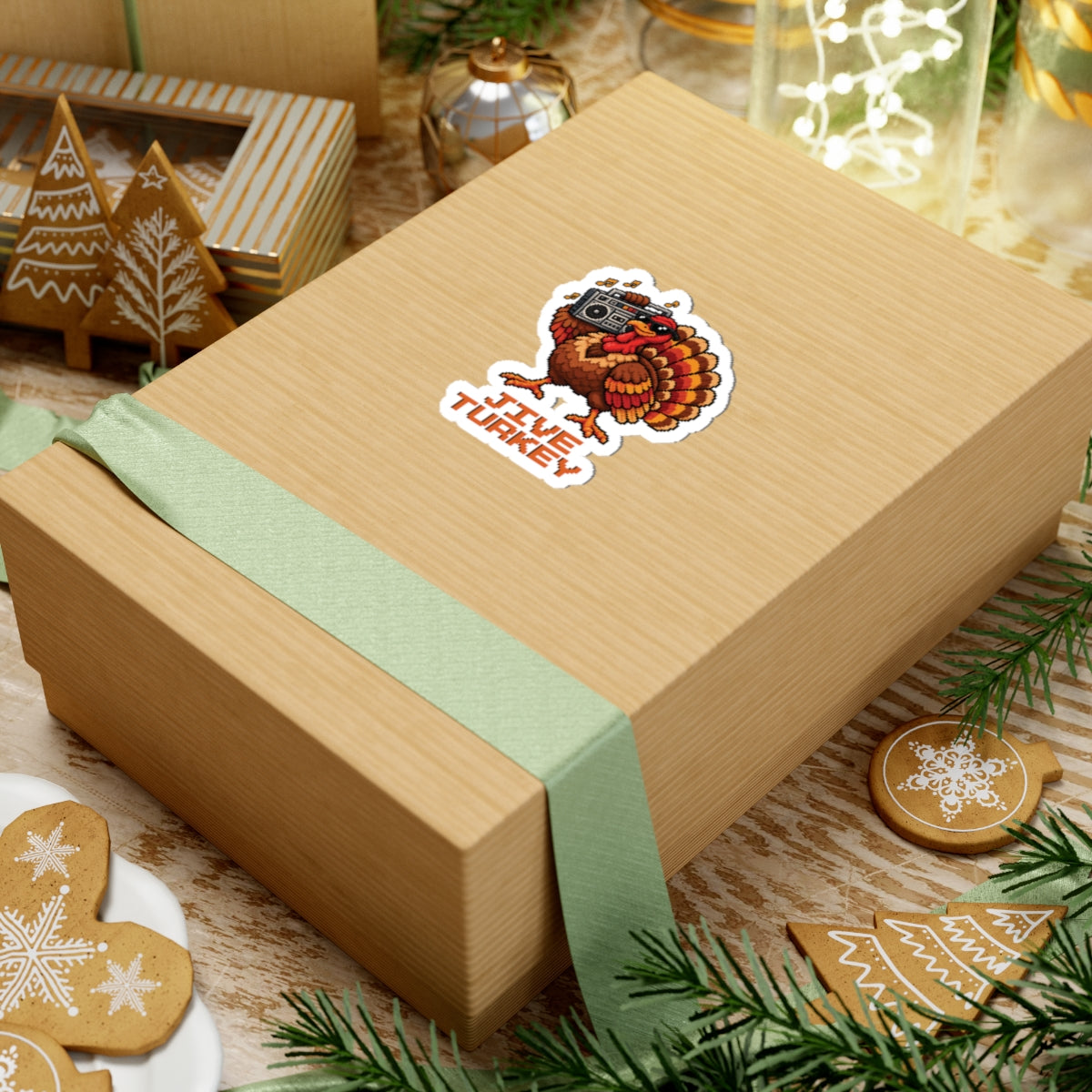 3 by 3 inch Jive Turkey pixel turkey sticker applied to a kraft gift box among holiday decorations