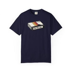The Rad Rewind I'm This Old Graphic Tee — adjust the tracking VHS cassette design, model wearing tee