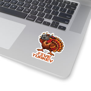 3 by 3 inch Jive Turkey pixel turkey sticker applied to a laptop beside the keyboard
