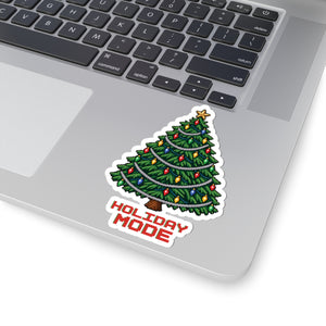 4 by 4 inch Holiday Mode pixel Christmas tree sticker applied to a laptop beside the keyboard