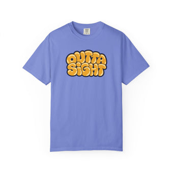 Flo Blue periwinkle garment-dyed graphic tee with Outta Sight in puffy golden bubble letters, cream highlights and a navy outline, front view