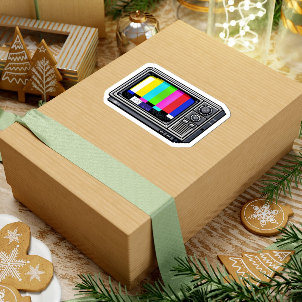 4 by 4 inch retro TV test pattern sticker applied to a kraft gift box among holiday decorations
