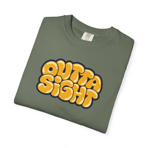 Moss olive green garment-dyed graphic tee with Outta Sight in puffy golden bubble letters, cream highlights and a navy outline, folded
