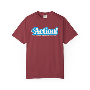 Action retro graphic tee close-up chest detail — The Rad Rewind