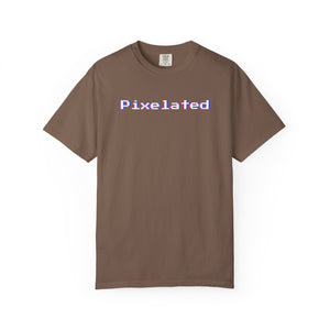 Front view of a relaxed-fit Espresso brown tee with a pixelated glitch wordmark in blocky 8-bit type and red-and-blue chromatic fringe.