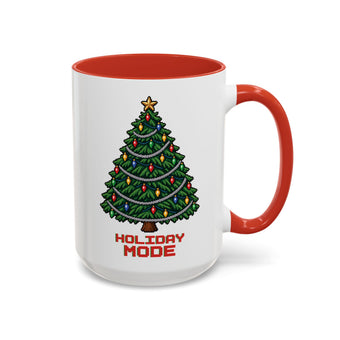 White 15 oz ceramic mug with a red handle and red interior, printed with a pixel-art Christmas tree, colorful bulbs, silver garland and Holiday Mode lettering, handle on the right