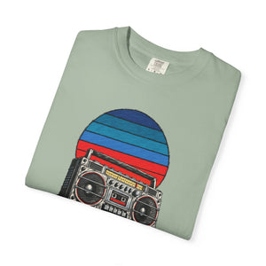 Sunset Sessions boombox graphic tee relaxed fit on model — The Rad Rewind
