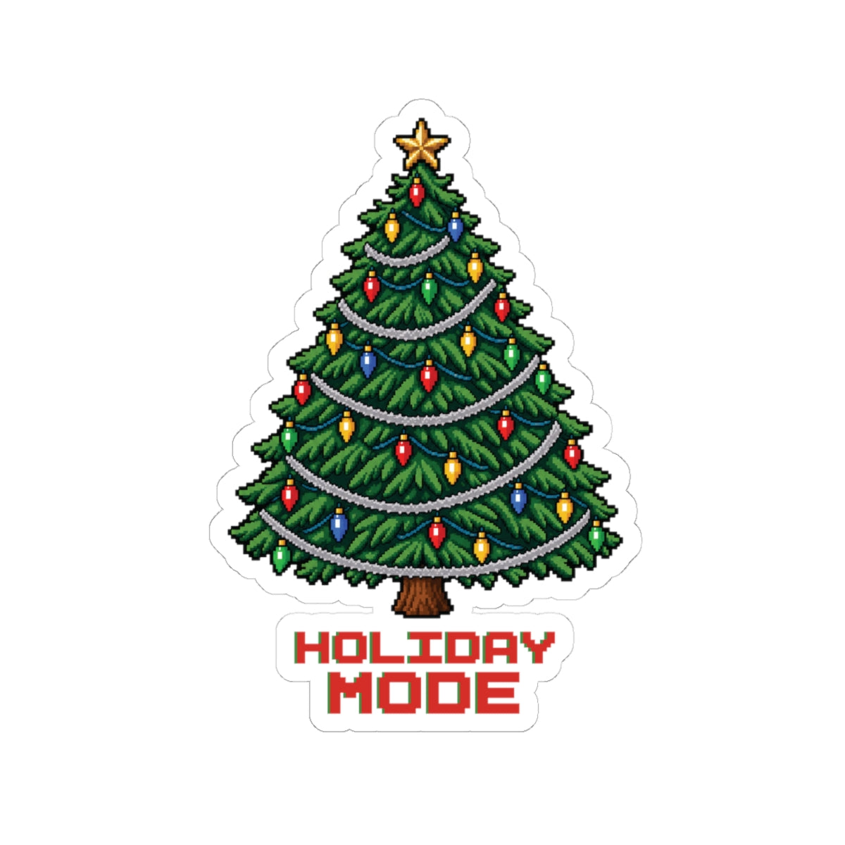 Retro pixel-art Christmas tree sticker with colorful bulbs and silver garland over Holiday Mode lettering, 4 by 4 inch kiss-cut glossy vinyl
