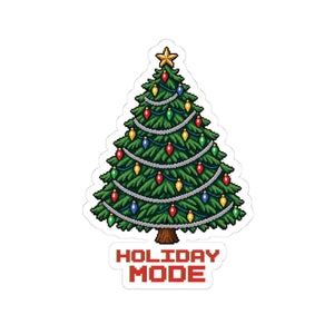 Retro pixel-art Christmas tree sticker with colorful bulbs and silver garland over Holiday Mode lettering, 4 by 4 inch kiss-cut glossy vinyl