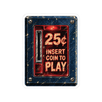 Retro arcade coin door sticker reading 25¢ insert coin to play, 3 by 3 inch kiss-cut glossy vinyl