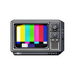 Retro CRT television sticker showing a color bar test pattern, 3 by 3 inch kiss-cut glossy vinyl