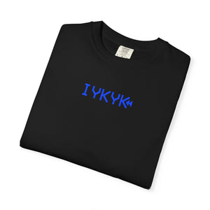 The Rad Rewind IYKYK Graphic Tee in True Navy — front view showing IYKYK chest hit in VCR digital type