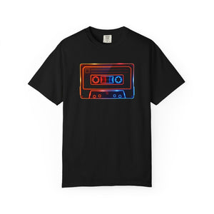 Neon cassette graphic tee for night owls who lived for Side A after dark — retro music nostalgia apparel — The Rad Rewind
