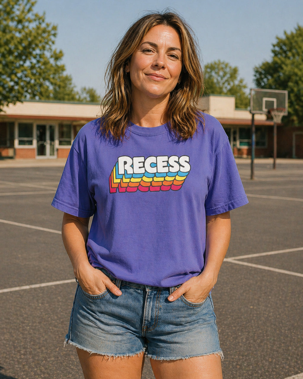 Woman wearing a blue purple 'RECESS' t-shirt on a school playground.