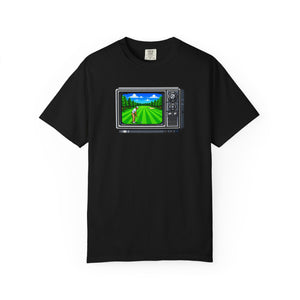 Fairway retro CRT pixel golf graphic tee front view on model — The Rad Rewind