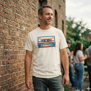 Mixtape 85 cassette tee graphic close-up flat — The Rad Rewind