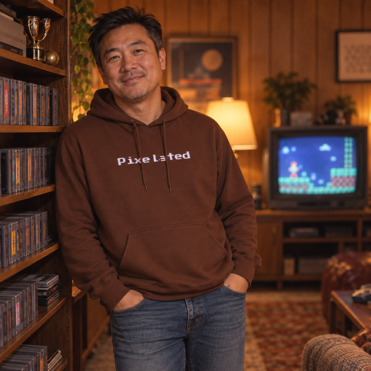 Man in his forties wearing the Cocoa brown pixelated glitch hoodie beside a shelf of game cartridges in a wood-paneled rec room, showing the 8-bit chest wordmark and relaxed fit.