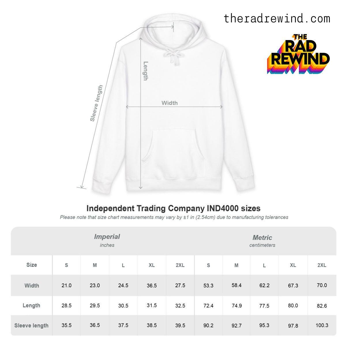 Independent Trading IND4000 size chart — Bench Warmer Graphic Tee sizing reference — The Rad Rewind