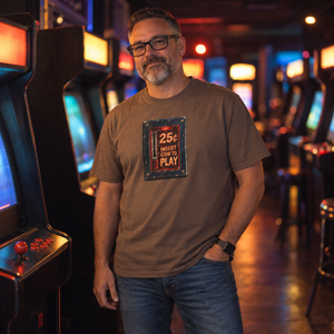 Man in glasses wearing an espresso brown retro arcade coin door graphic tee inside a dim arcade
