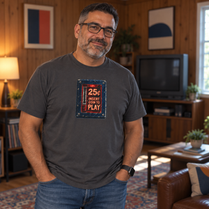 Man in glasses wearing a graphite charcoal retro arcade coin door graphic tee in a wood-paneled rec room
