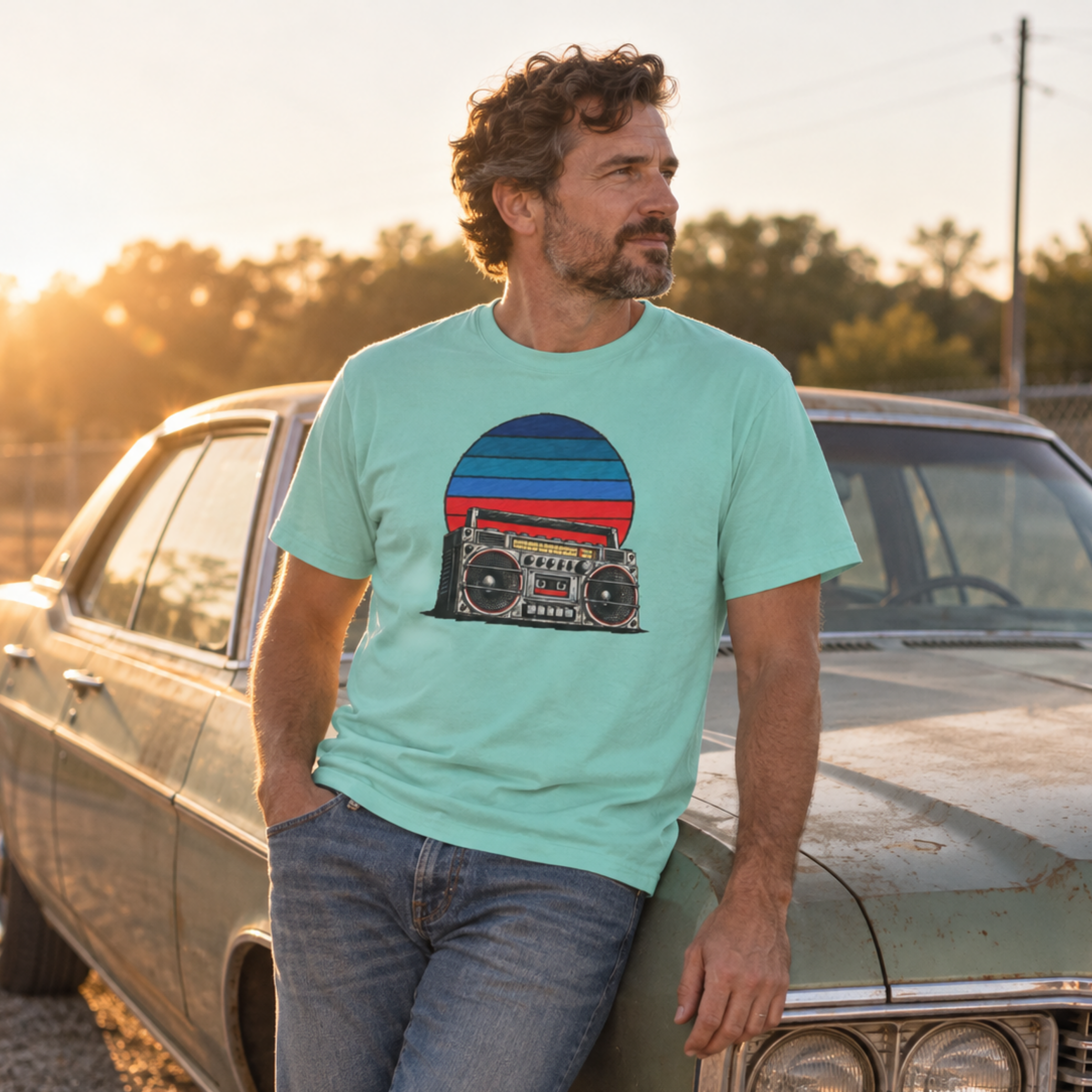 Man wearing a Chalky Mint retro boombox sunset graphic tee, leaning on a classic car at golden hour