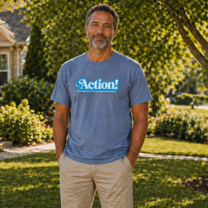 Action tee retro bold graphic flat lay — The Rad Rewind