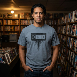 Man wearing a blue t-shirt with a melting VHS tape graphic design in a room filled with video store shelves.